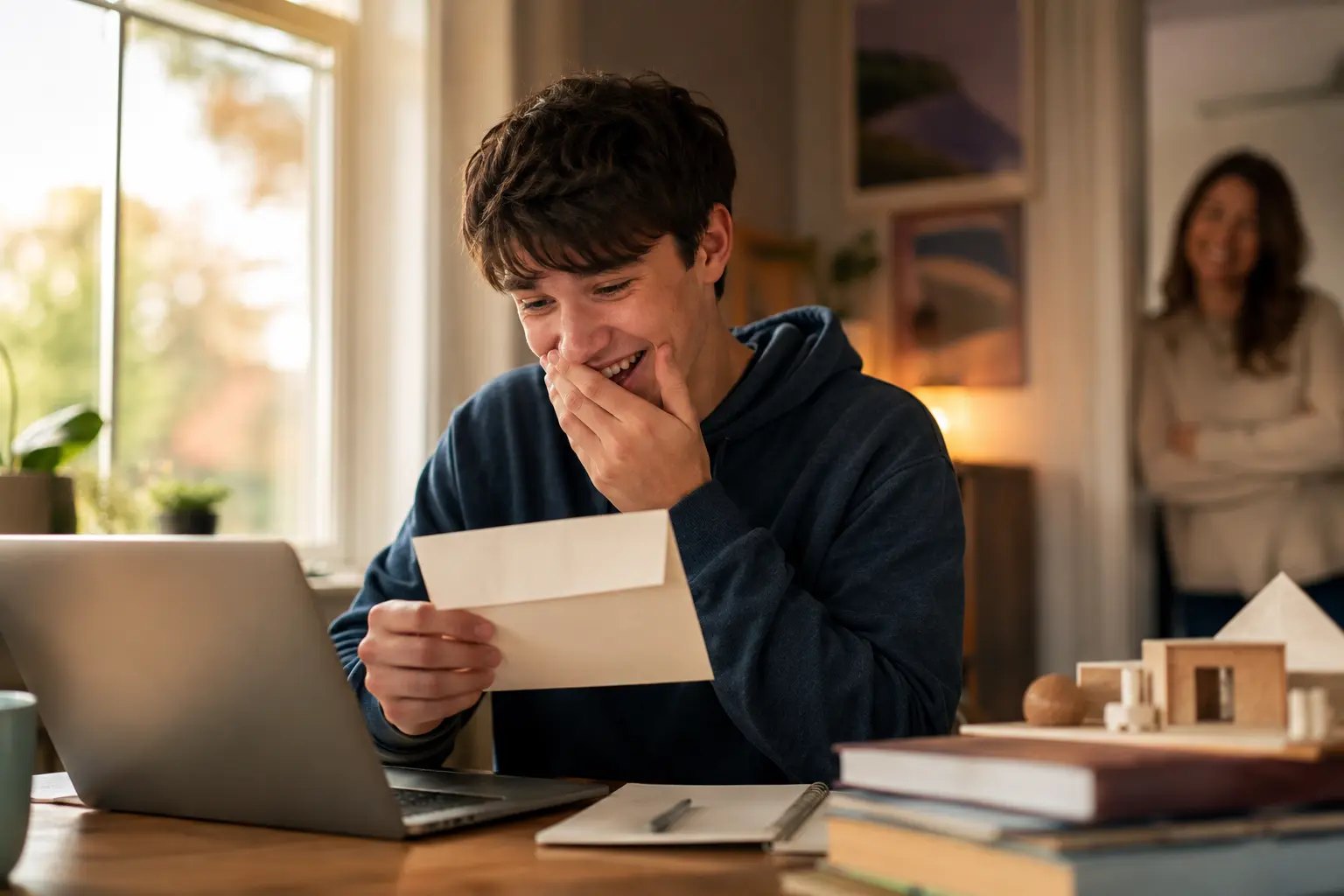 A student celebrating while reading college acceptance news at home