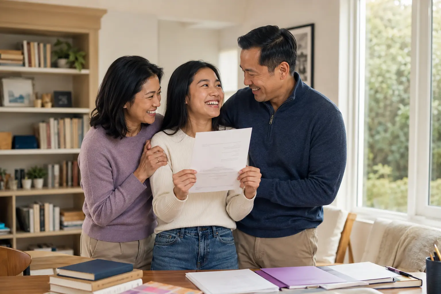 A high-school student celebrating college acceptance news with her family