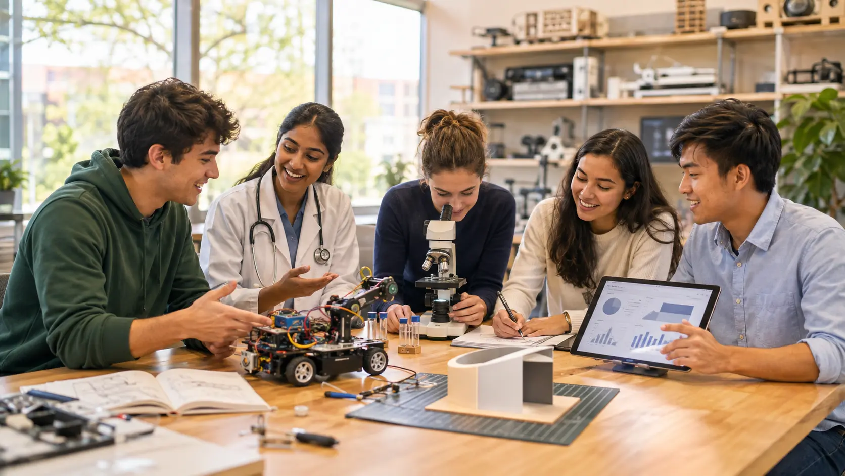 Diverse students exploring futures in engineering, medicine, science, design, and business