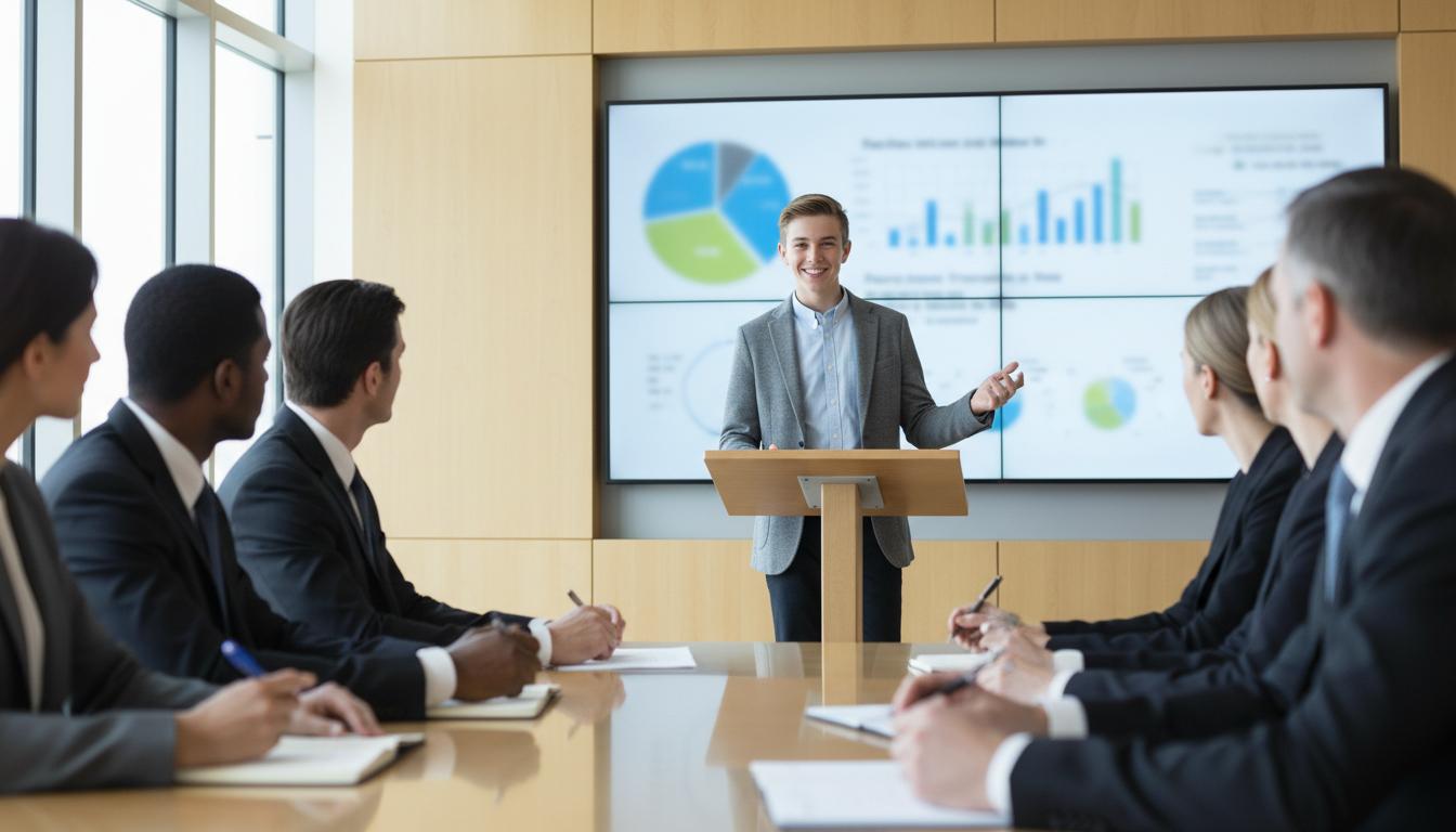 Student presenting research findings to professionals